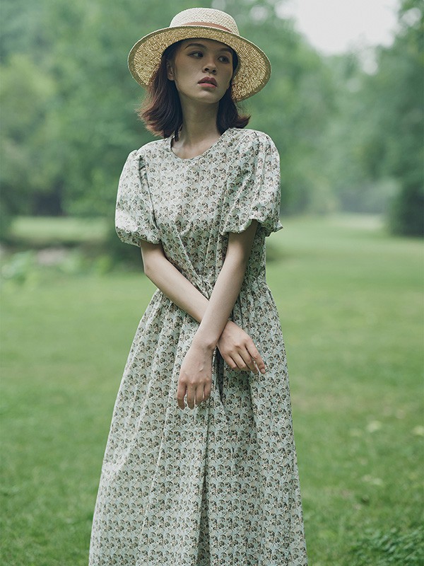 邦德家的女孩女装2021春夏季绿色格子连衣裙
