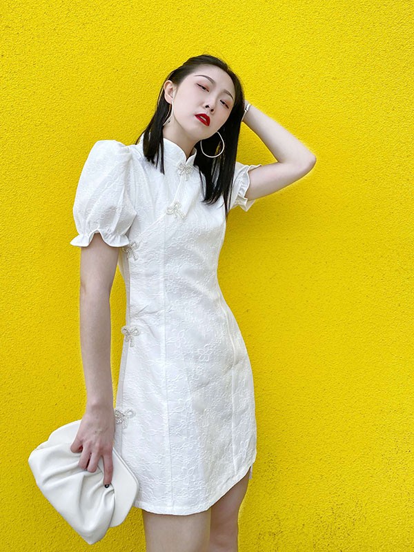木子唧女装2021春夏季白色暗纹旗袍