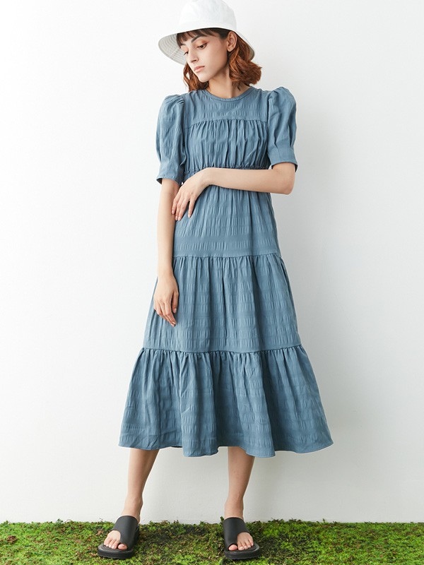 moussy女装2021春夏季蓝色纯色连衣裙