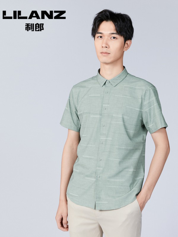 利郎男装2021春夏季绿色纯色衬衫