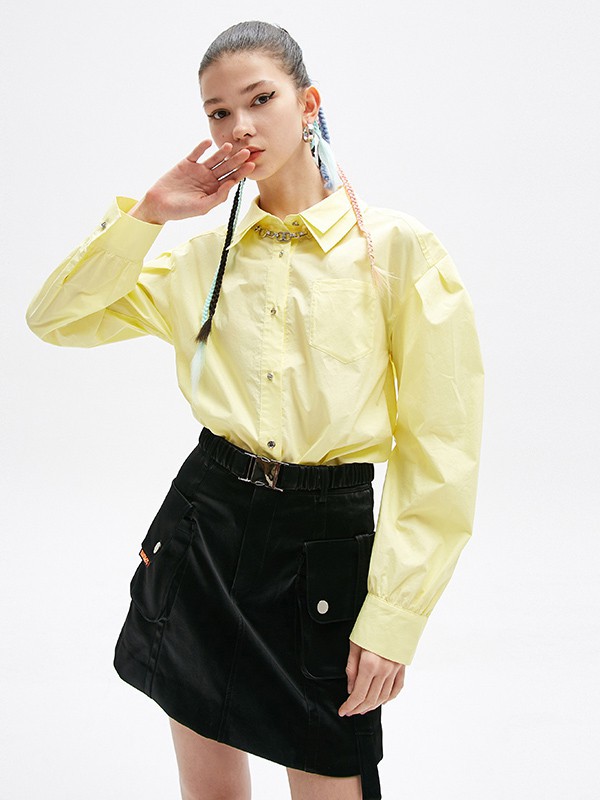 Jamor女装2021春夏季黄色纯色衬衫