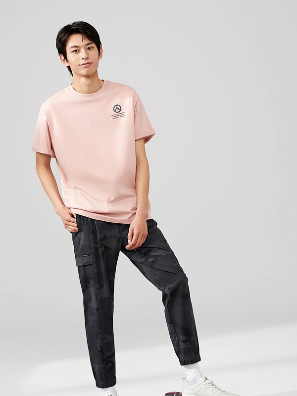 海澜之家男装2021春夏季粉色印花T恤