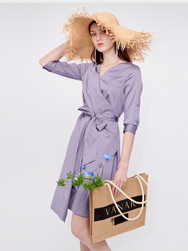 朗香2021春夏季紫色纯色连衣裙
