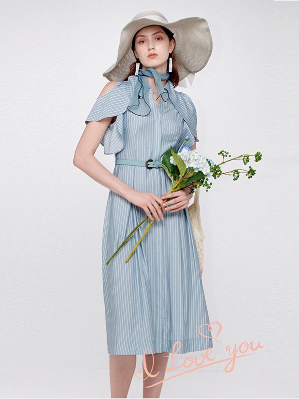 朗香2021春夏季蓝色条纹连衣裙