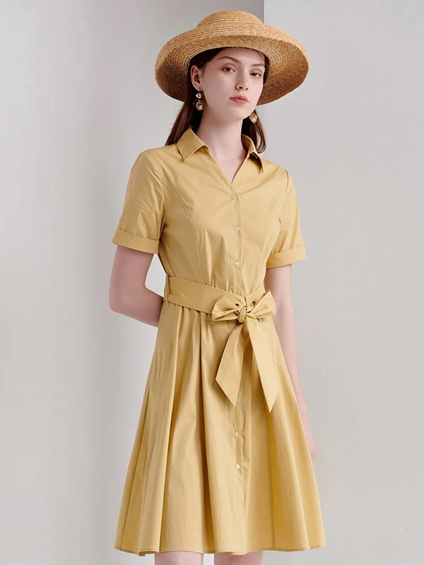 朗香2021春夏季黄色纯色衬衫裙