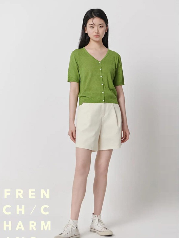 本涩2021春夏季绿色纯色针织衫