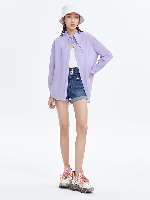 FivePlus2021春夏季紫色纯色衬衫