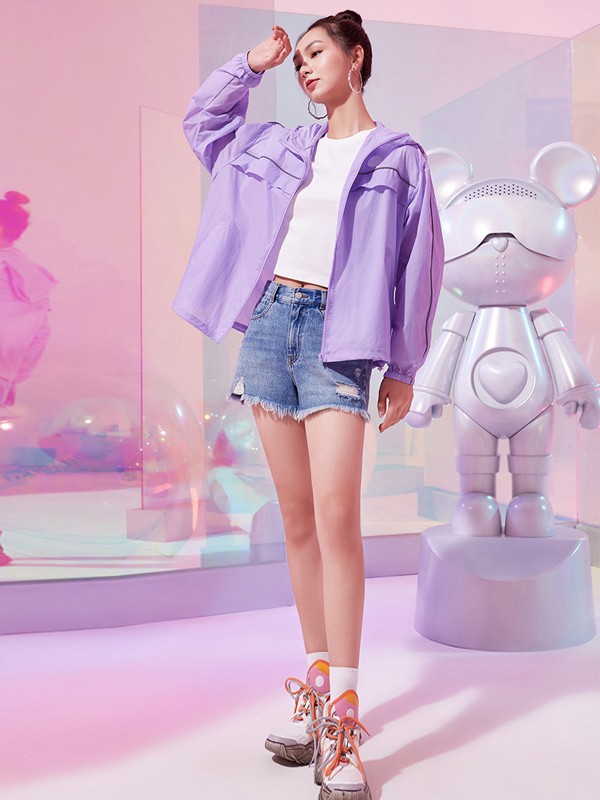 FivePlus2021春夏季紫色纯色防晒衫