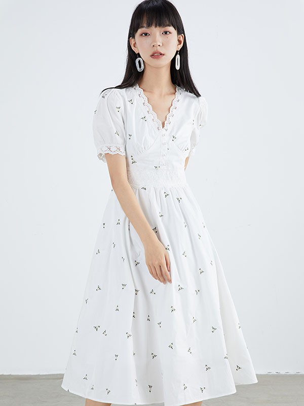 gcrues女装2021春夏季白色波点连衣裙