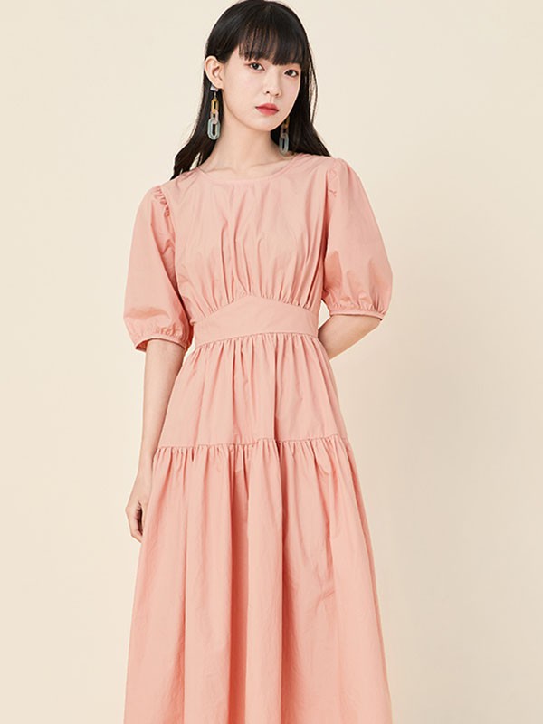 gcrues女装2021春夏季橙色纯色连衣裙