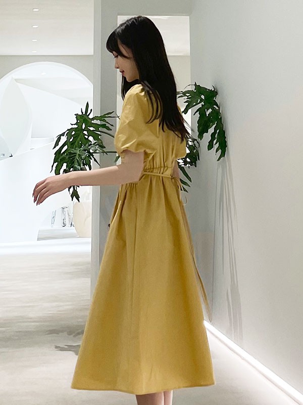 gcrues女装2021春夏季黄色纯色连衣裙