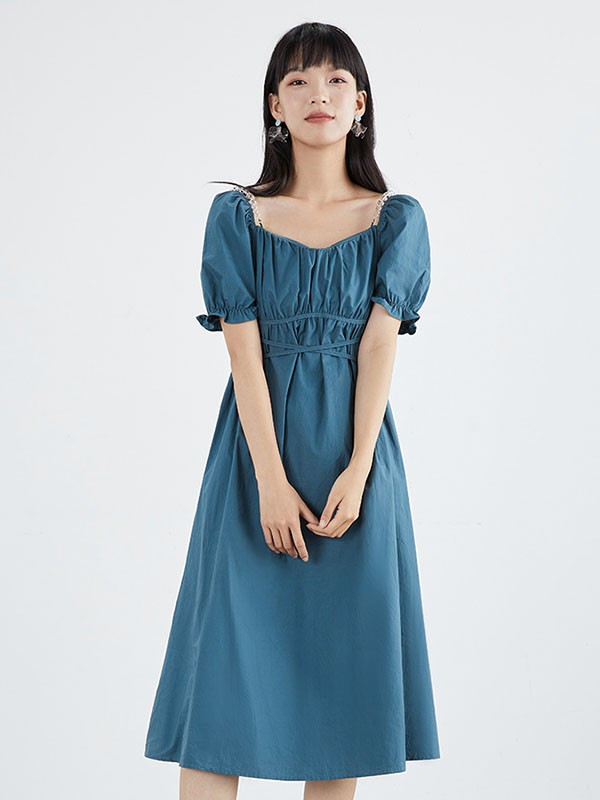 gcrues女装2021春夏季藏蓝色纯色连衣裙