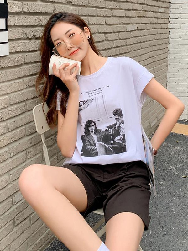 天使韩城女装2021春夏季白色印花T恤
