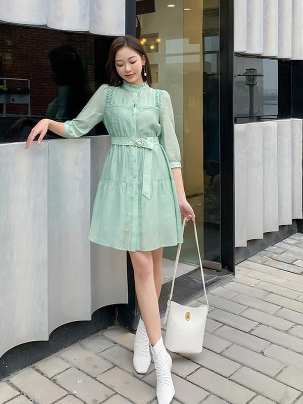 天使韩城女装2021春夏季绿色纯色连衣裙