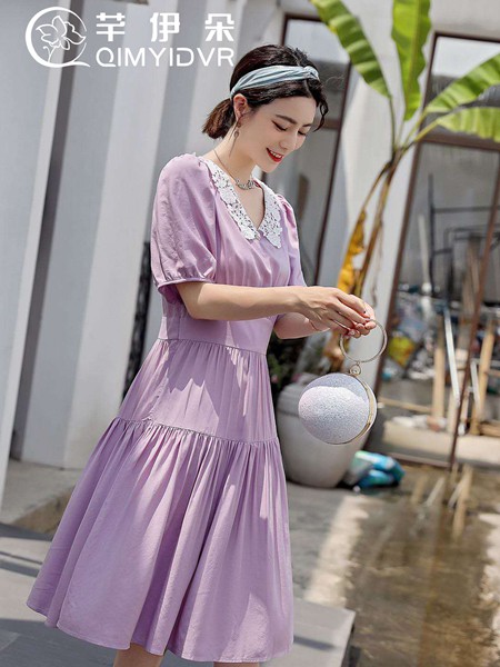 芊伊朵女装2021春夏季紫色纯色连衣裙