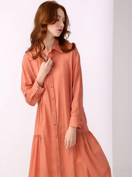 尚来女装2021春夏季橙色纯色衬衫裙