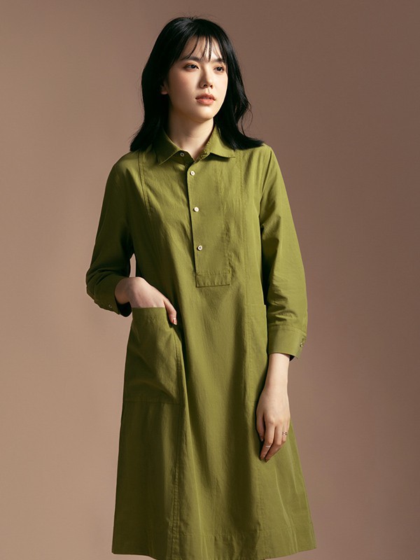 衣魔得思2021春夏季绿色纯色衬衫裙