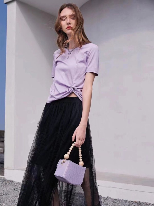 卡尼欧女装2021春夏季紫色长款T恤