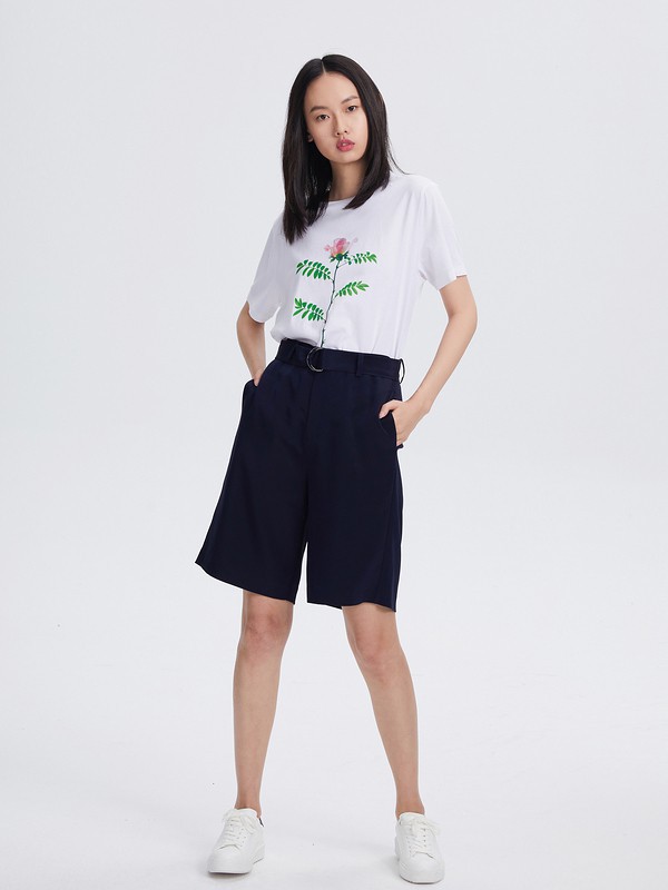 鄂尔多斯女装2021春夏季白色印花T恤