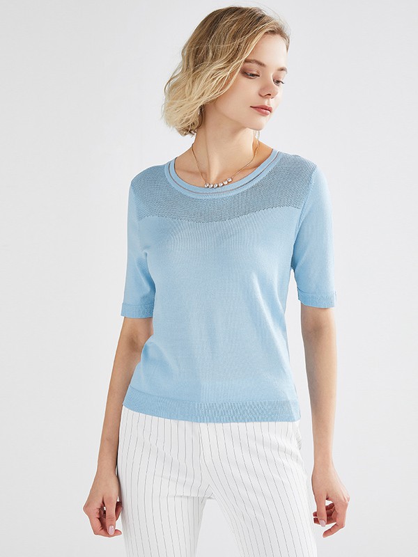 奥菲曼女装2021春夏季蓝色纯色针织衫