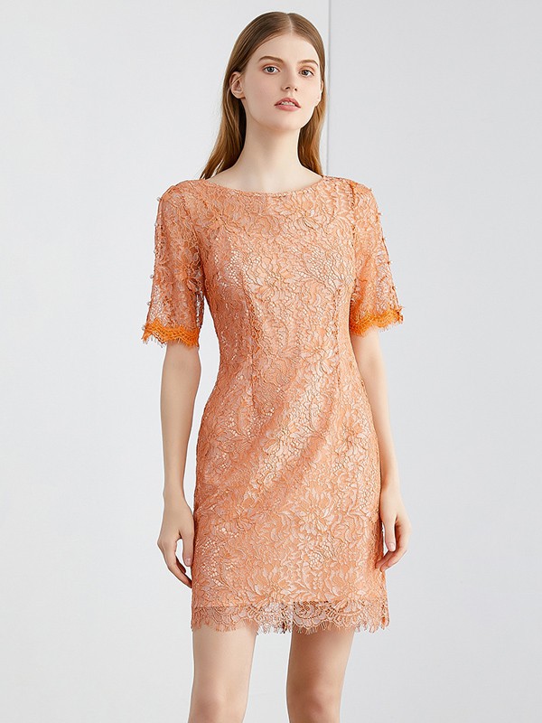 奥菲曼女装2021春夏季橙色修身连衣裙