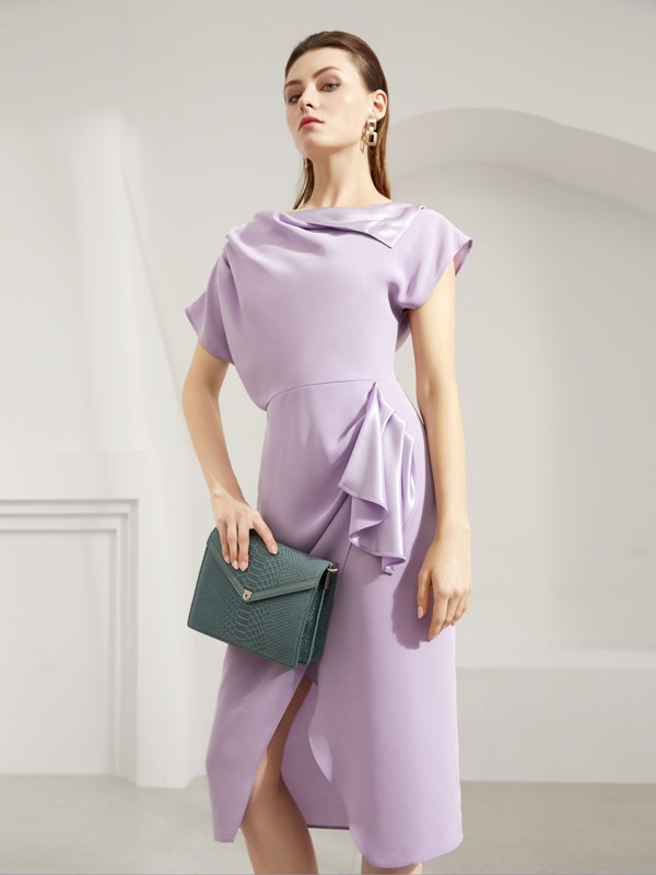 图案女装2021春夏季紫色褶皱连衣裙