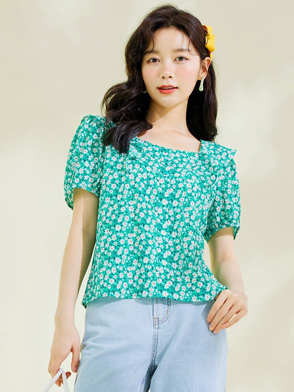 衣恋2021春夏季绿色波点雪纺衫