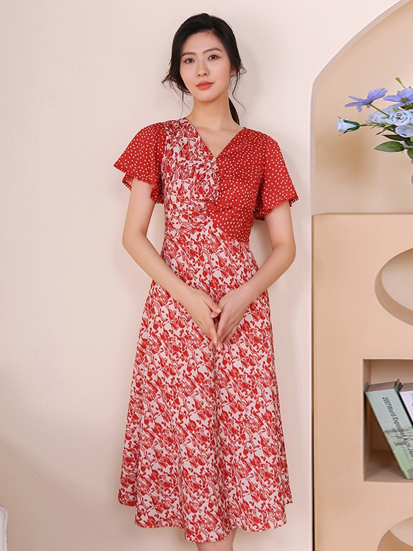 红凯贝尔女装2021春夏季红色印花连衣裙