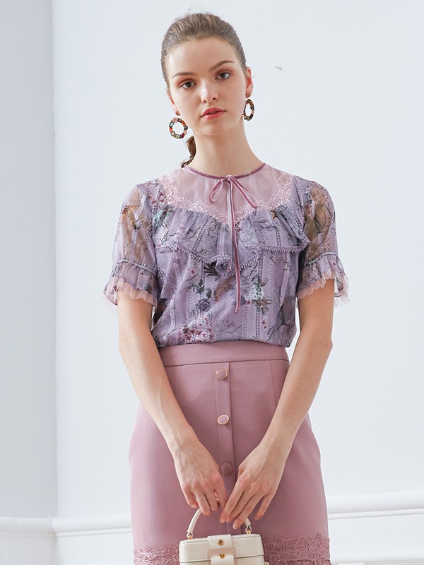 曼诺比菲2021春夏季紫色印花雪纺衫