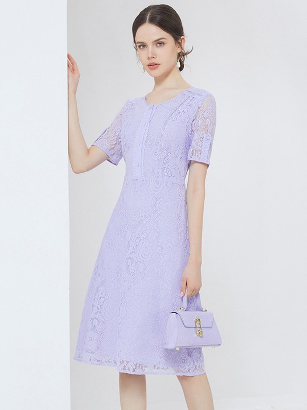 菲妮迪女装2021春夏季紫色蕾丝连衣裙