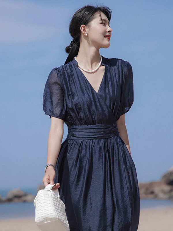 艺元素女装2021春夏季藏蓝色条纹连衣裙