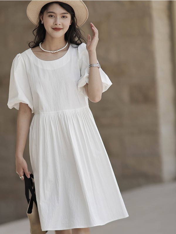 艺元素女装2021春夏季白色纯色连衣裙