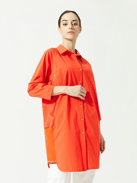约布2021春夏季橙色长款衬衫裙