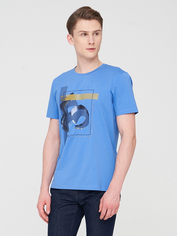 梵思诺2021春夏季蓝色印花T恤