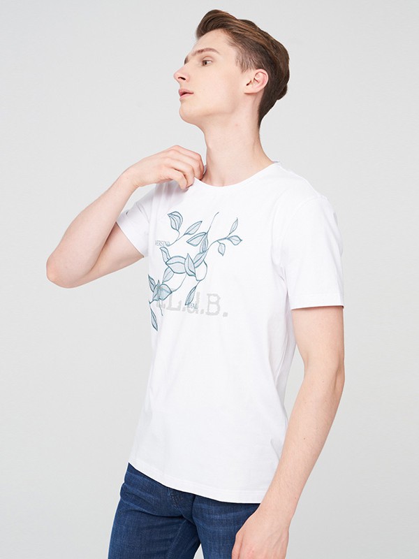 梵思诺男装2021春夏季白色印花T恤