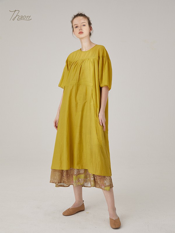 TH2011女装2021春夏季黄色纯色连衣裙
