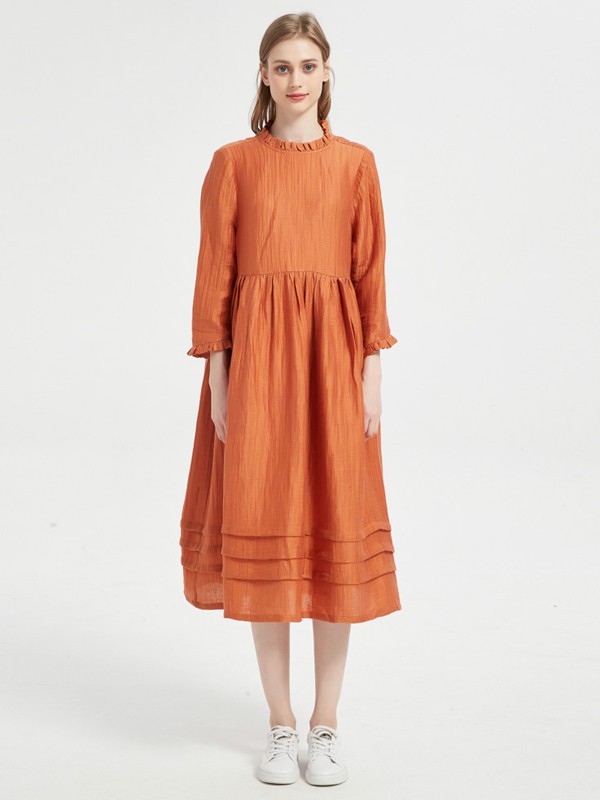 欧蒂芙2021春夏季橙色纯色连衣裙