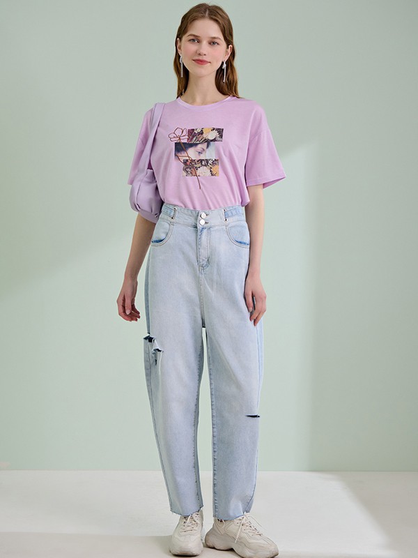 轩日女装2021春夏季紫色印花T恤