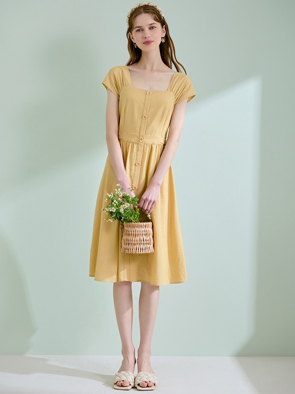 轩日女装2021春夏季黄色纯色连衣裙