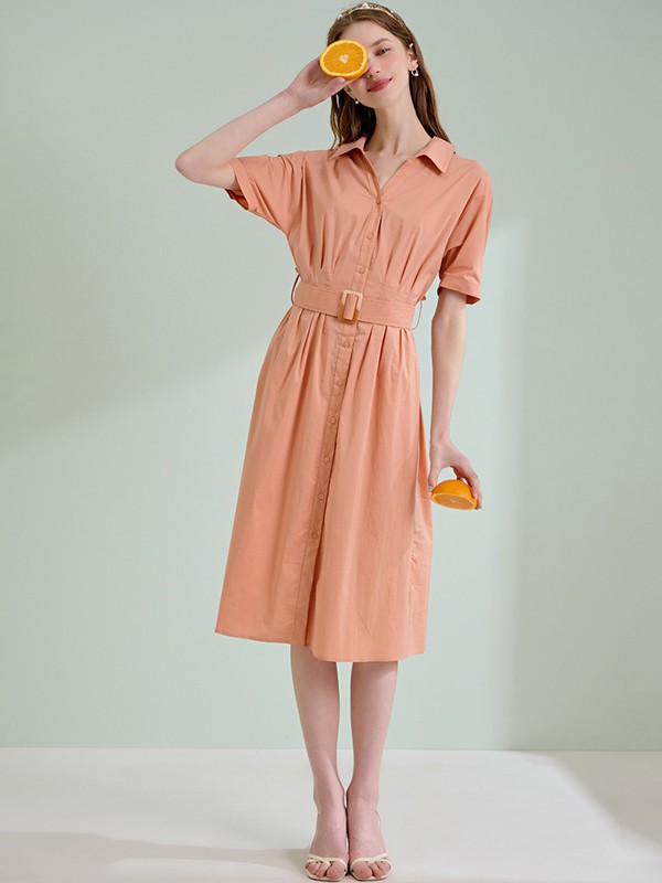 轩日女装2021春夏季橙色收腰衬衫裙