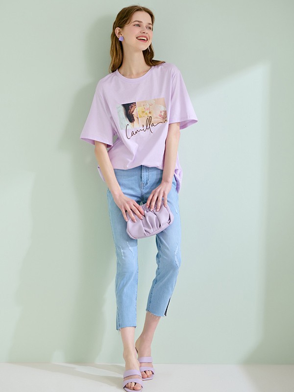 轩日2021春夏季紫色印花T恤