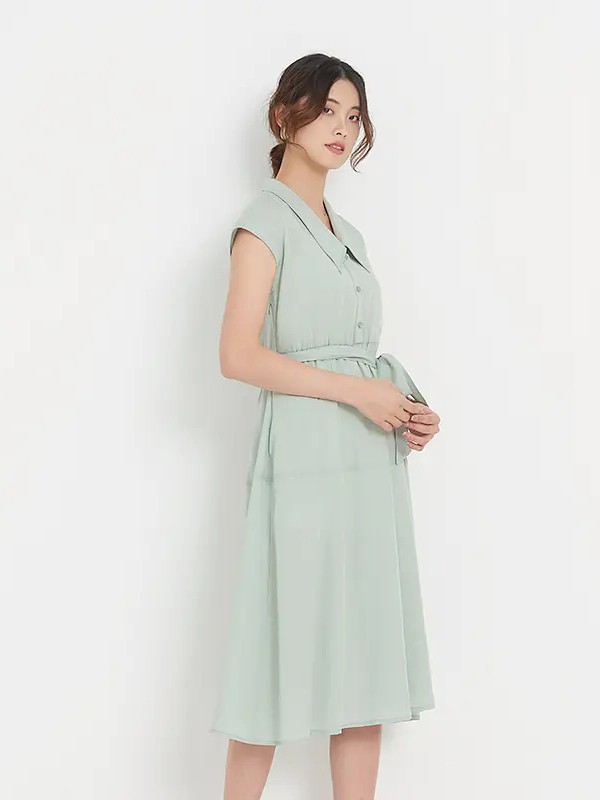 新作女装2021春夏季绿色纯色连衣裙