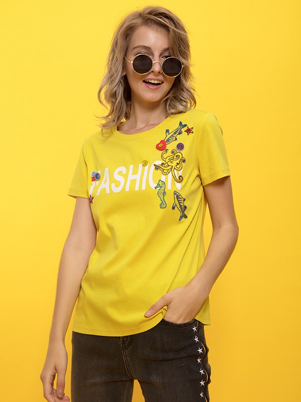 ANOBLIR女装2021春夏季黄色印花T恤