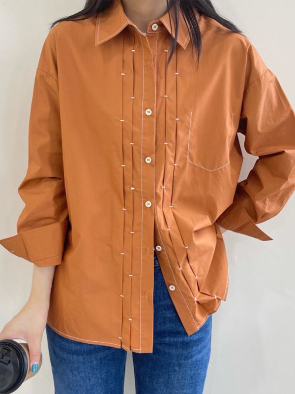 赫本家2021秋冬季橙色纯色衬衫