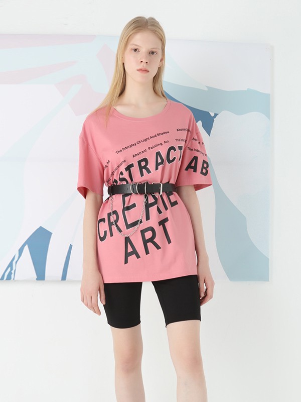 芊之美女装2021春夏季粉色字母T恤