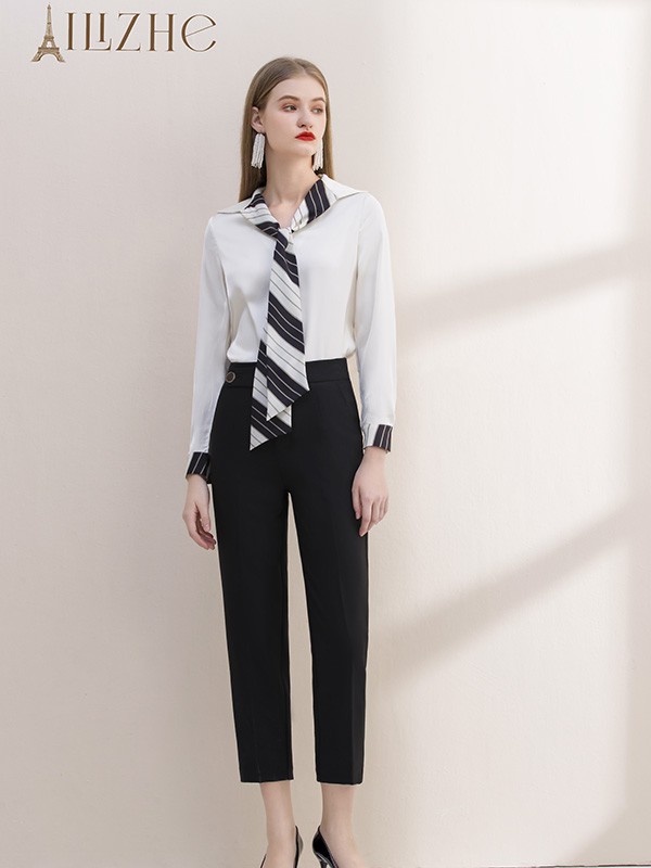 米可芭娜品牌女装2022夏季新款黑白条袖口纹衬衣