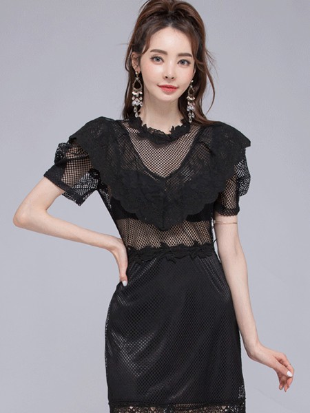 COCOSHOP女装2021春夏季黑色纯色连衣裙