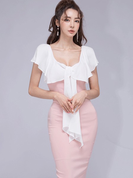 COCOSHOP女装2021春夏季粉色纯色连衣裙