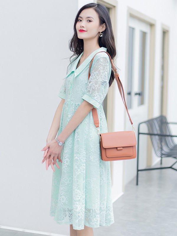 美丽衣橱女装2021春夏季绿色纯色连衣裙