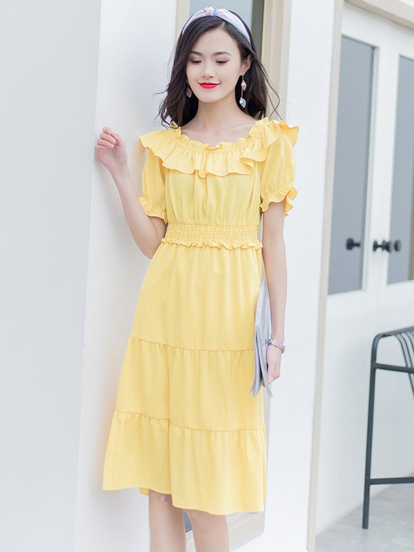 美丽衣橱女装2021春夏季黄色荷叶边连衣裙